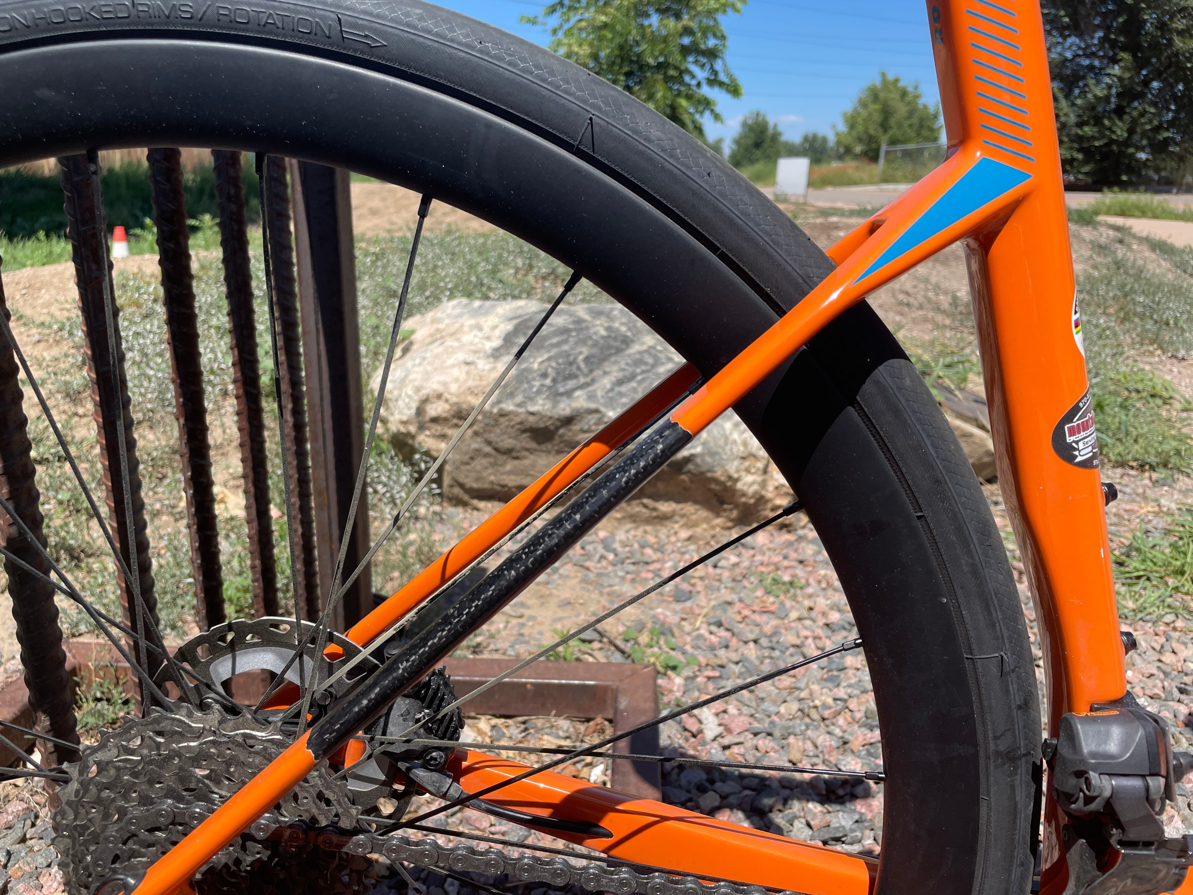 Completed carbon fiber seat stay repair on a road bike frame